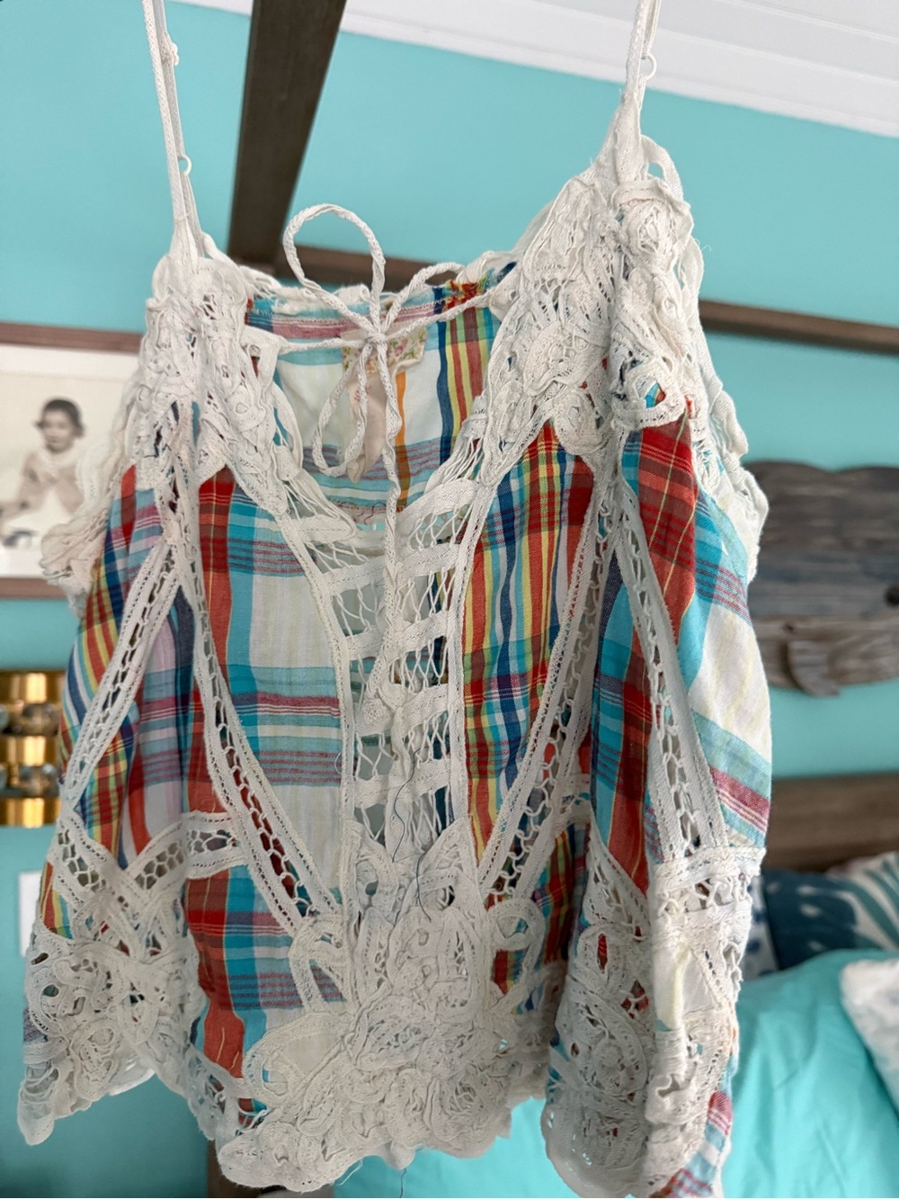 Free People Multicolor Plaid Crochet Trim Cami - White Crochet
